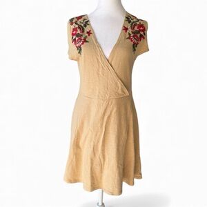 Zara knit faux wrap dress tan with floral embroidery Sz small short sleeve
